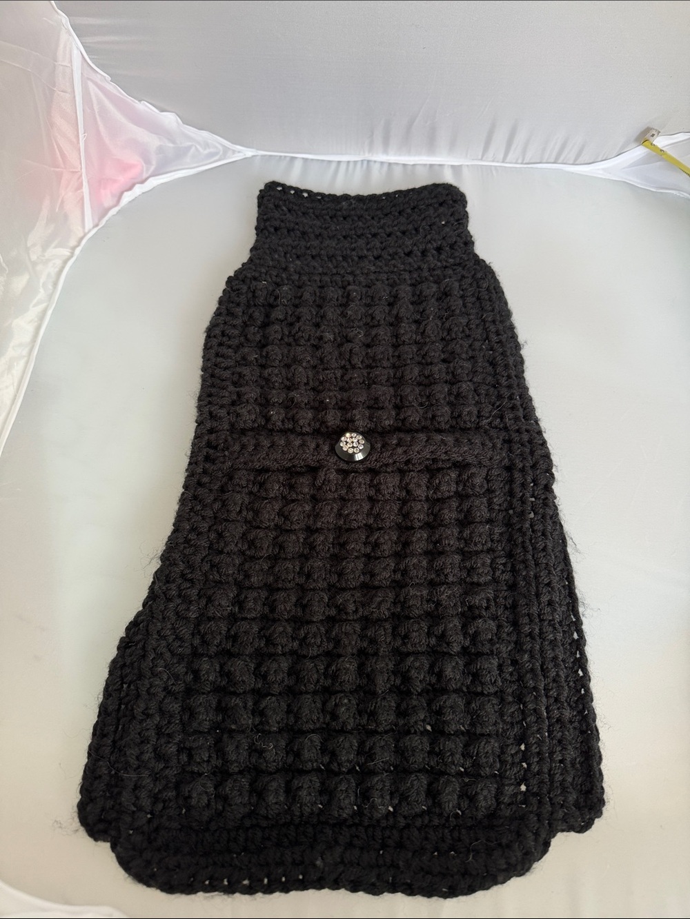 Dog Sweater. Handmade Black Crochet with Decorative Bling Button 14”. New